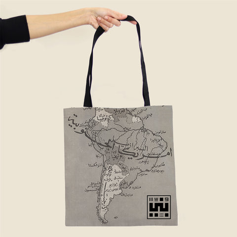 Reusable tote bag with vintage map designs south america black
