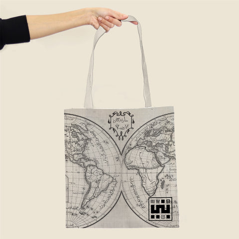 Reusable tote bag with vintage map designs world beige