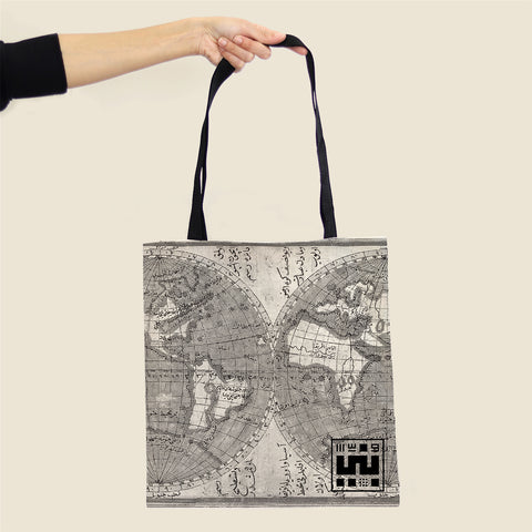 Reusable tote bag with vintage map designs world black